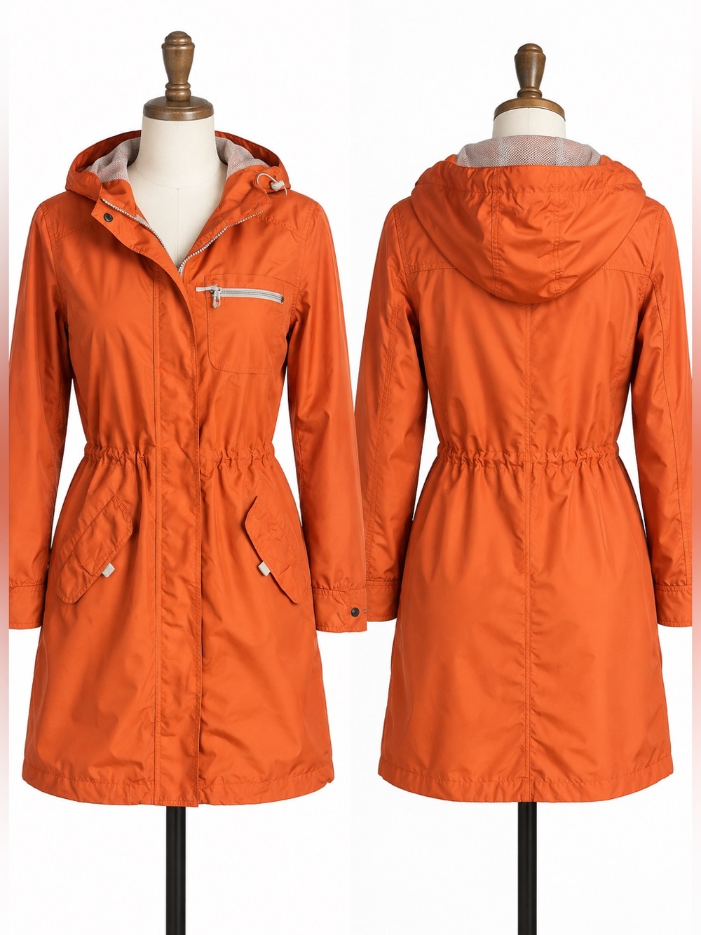 Eddie Bauer Rainfoil Women’s Small Hooded Rain Parka Orange Cinch Waist Jacket